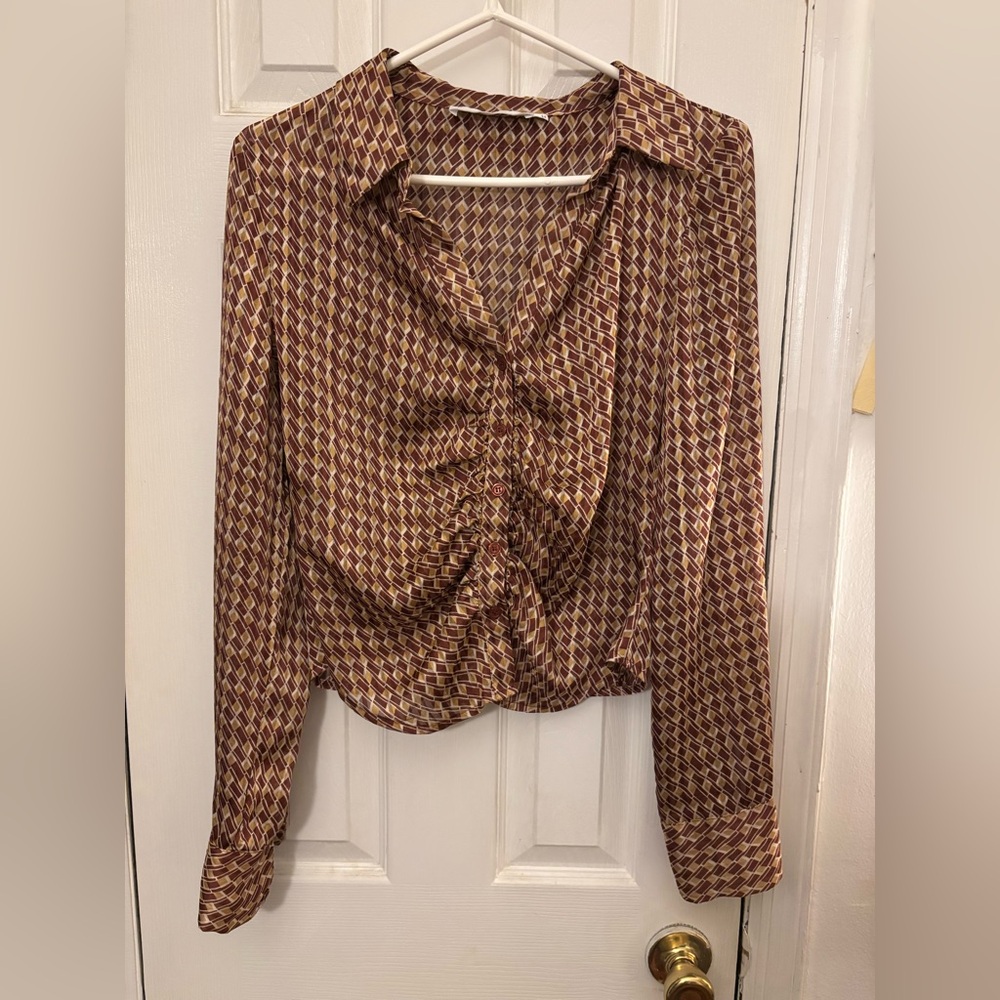 Astr Retro Pattern Blouse in Brown and Cream
